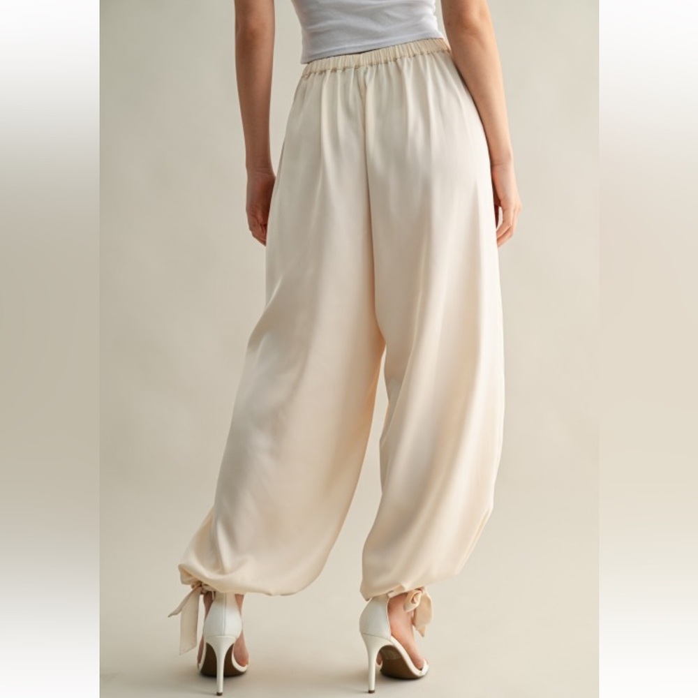 A244. Cream Satin Adjustable Tie Hem Detail Wide Leg Pants - Picture 4 of 6